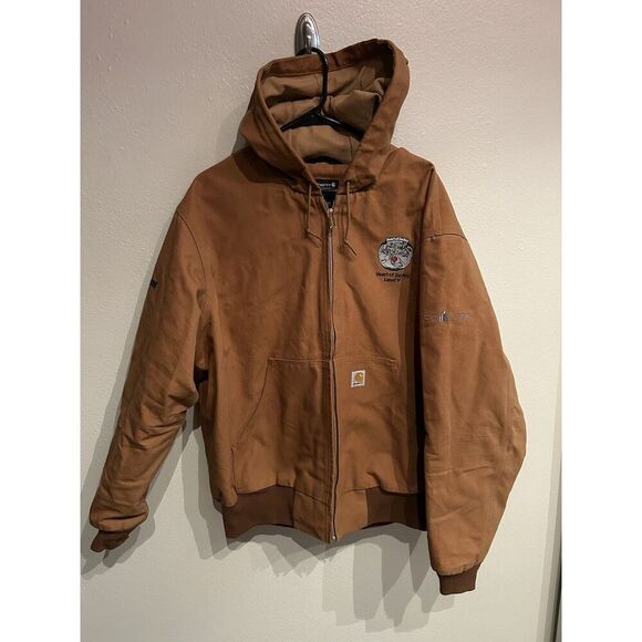 Carhartt Jacket Mens XL Brown Hood Canvas 0J0131 Work Outdoor Co Logo - Picture 1 of 11